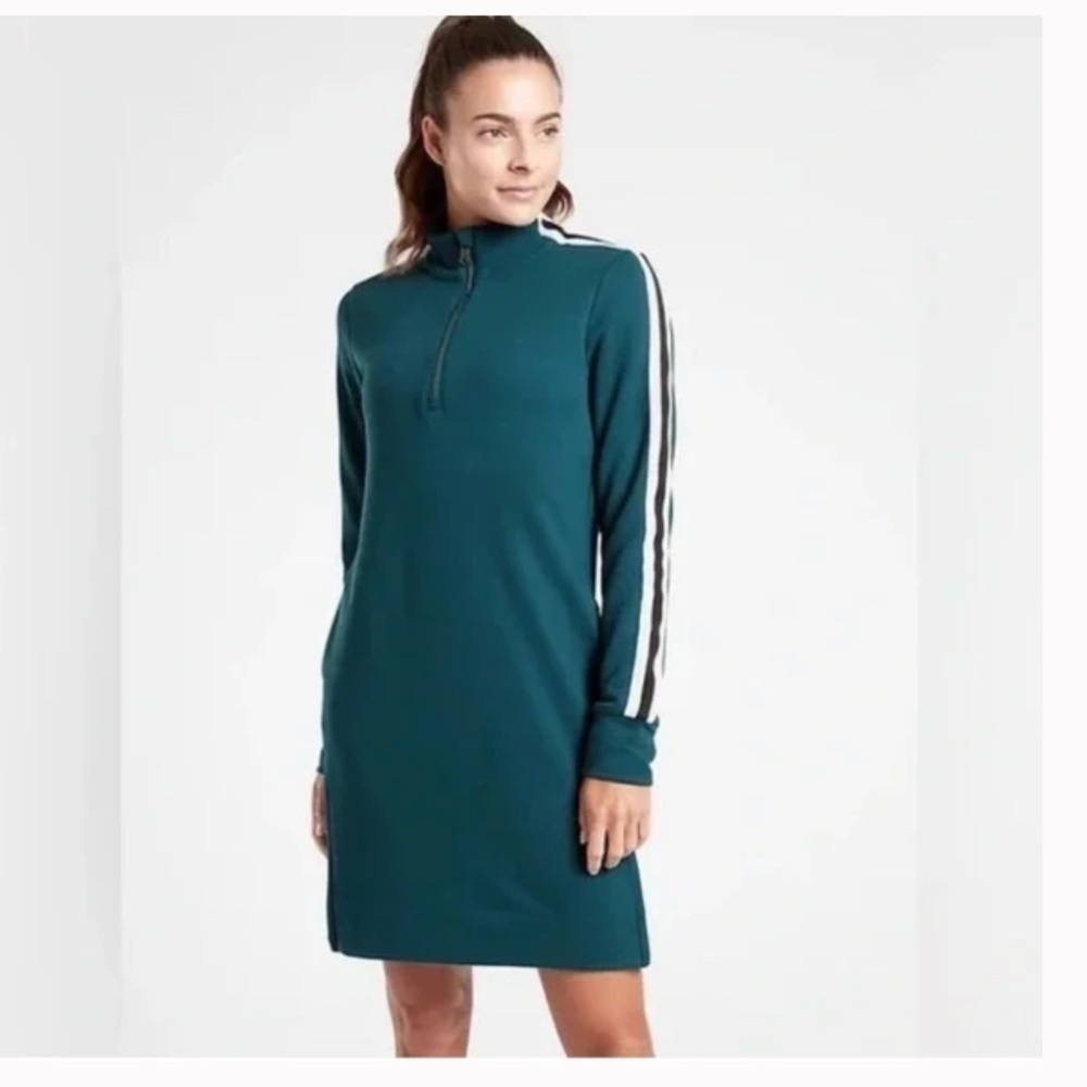 Athleta Crosstown Striped Mock Neck Mini Track Dress Oceanic Teal Size Small